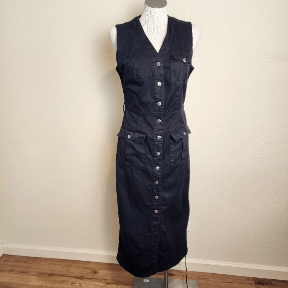 NY Jeans Black Button Down Chambray Sleeveless V Neck Women's Dress Size 10